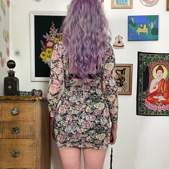 Vintage Floral Lace Mini Dress, 1980s Knapp Studio Bodycon Flower Print XS-S - Picture 3 of 11